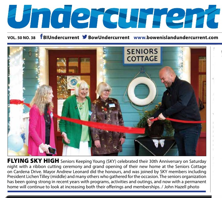 Front page of the Undercurrent showingn a photo of Mayor Andrew Leonard cutting the red ribbon at the Grand Opening & 30th Anniverary of the Seniors Cottage on Cardena, Photo credit to John Hazell